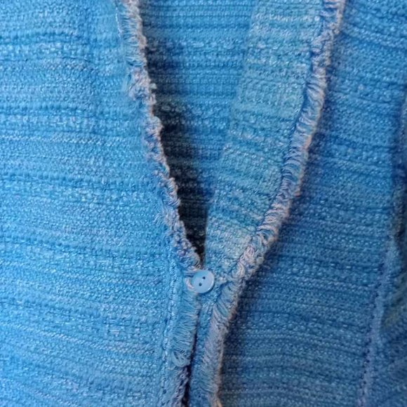 Chico's Structured Tweed Knit Cardigan Blazer Size 1 Fringe Blue - Picture 2 of 6